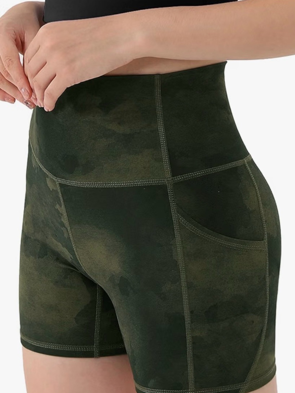 High-Waist Olive Green Women’s Active Shorts with Side Pocket